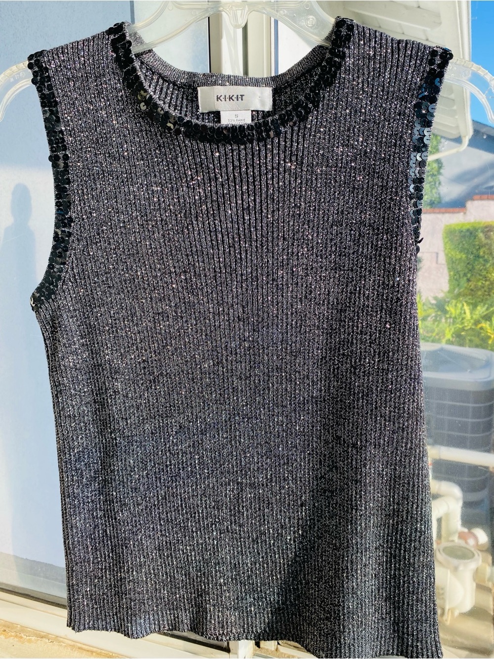 Vintage Kikit Metallic Sleeveless Sequin Trim Black Sweater Tank Shell Size S